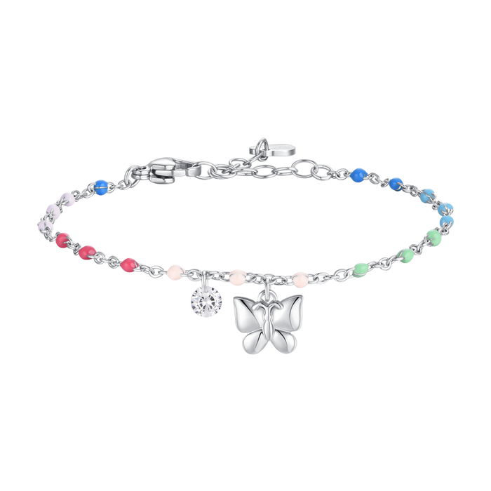 BRACCIALE DONNA IN ACCIAIO CON FARFALLA,CRISTALLO E PIETRE CON SMALTO MULTICOLOR