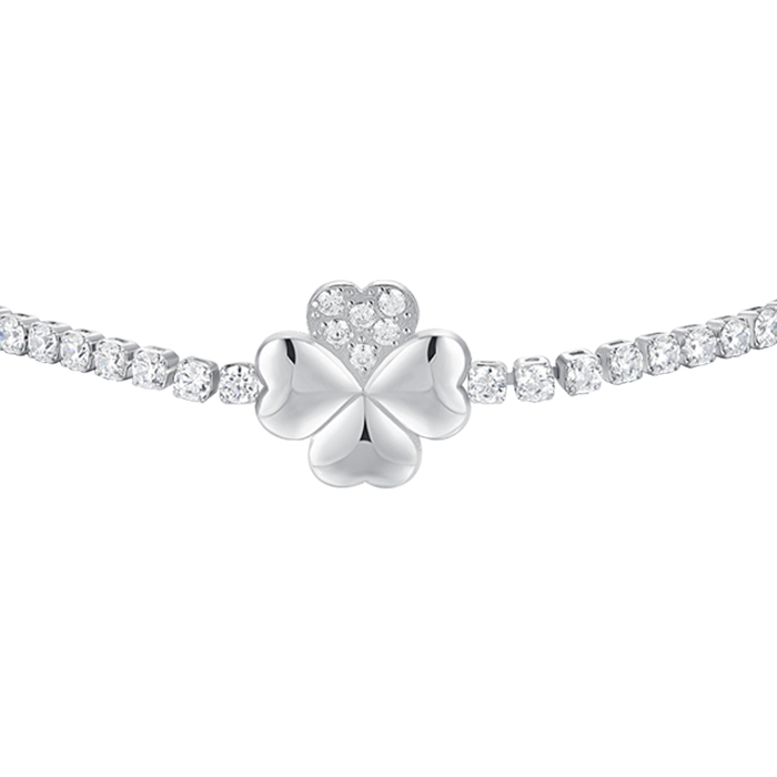 BRACCIALE TENNIS DONNA IN ACCIAIO CON QUADRIFOGLIO E PUNTI LUCE ZIRCONE BIANCO