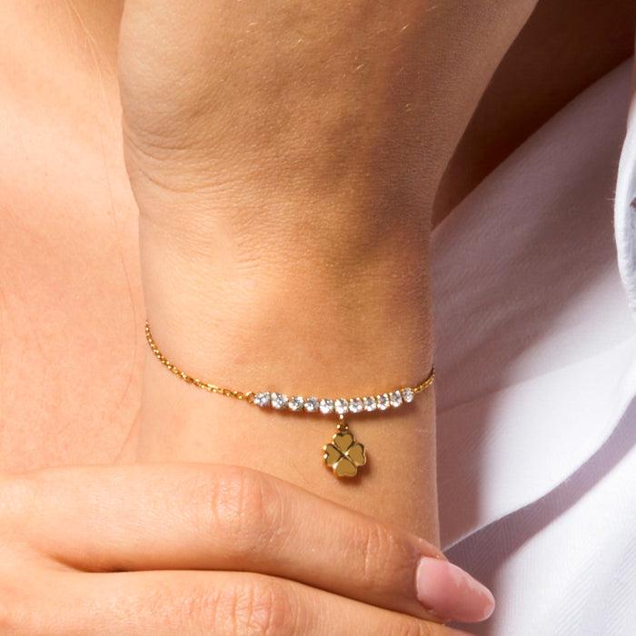 BRACCIALE DONNA IN ACCIAIO IP GOLD CON QUADRIFOGLIO E ZIRCONI BIANCHI