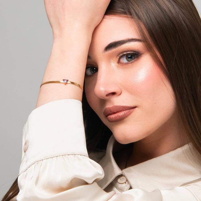 BRACCIALE DONNA IN ACCIAIO COLORE ORO CON ZIRCONE ROSA
