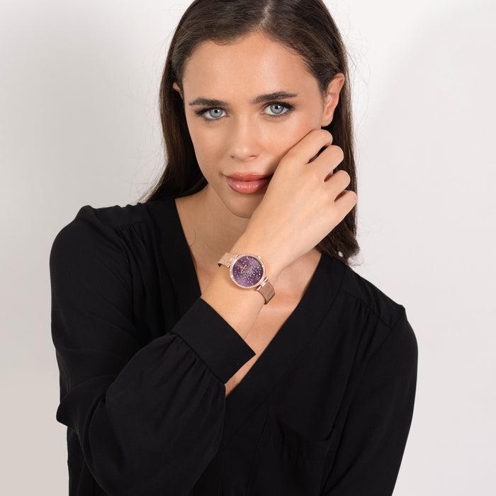 OROLOGIO DONNA IN ACCIAIO IP ROSE QUADRANTE VIOLA GHIERA CON CRISTALLI BIANCHI