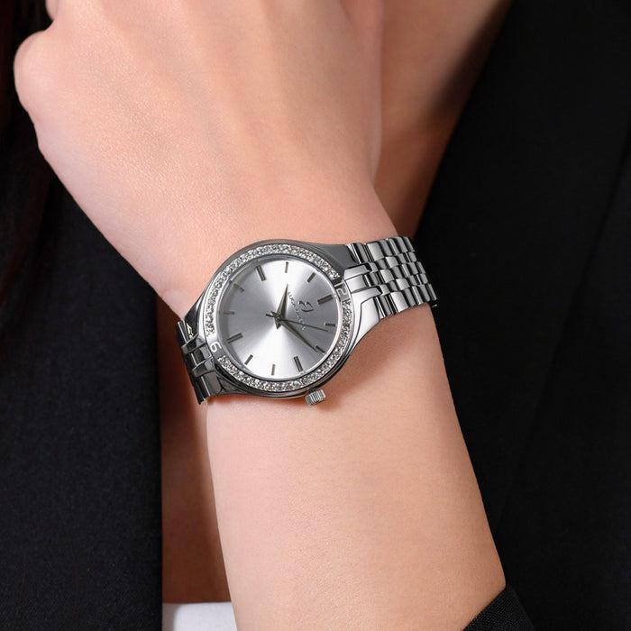 WOMEN'S STEEL WATCH WITH WHITE CRYSTALS BEZEL