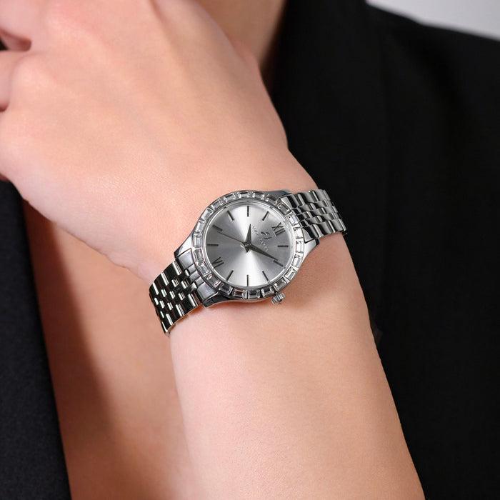 WOMEN'S STEEL WATCH WITH WHITE CRYSTALS BEZEL