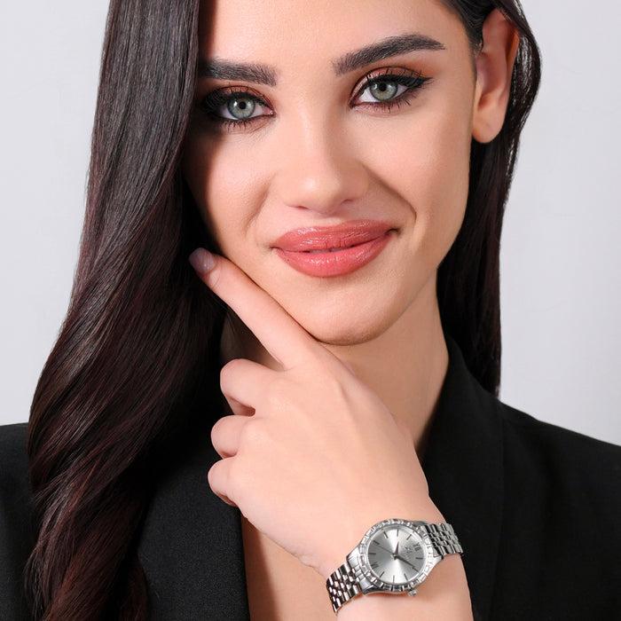 WOMEN'S STEEL WATCH WITH WHITE CRYSTALS BEZEL