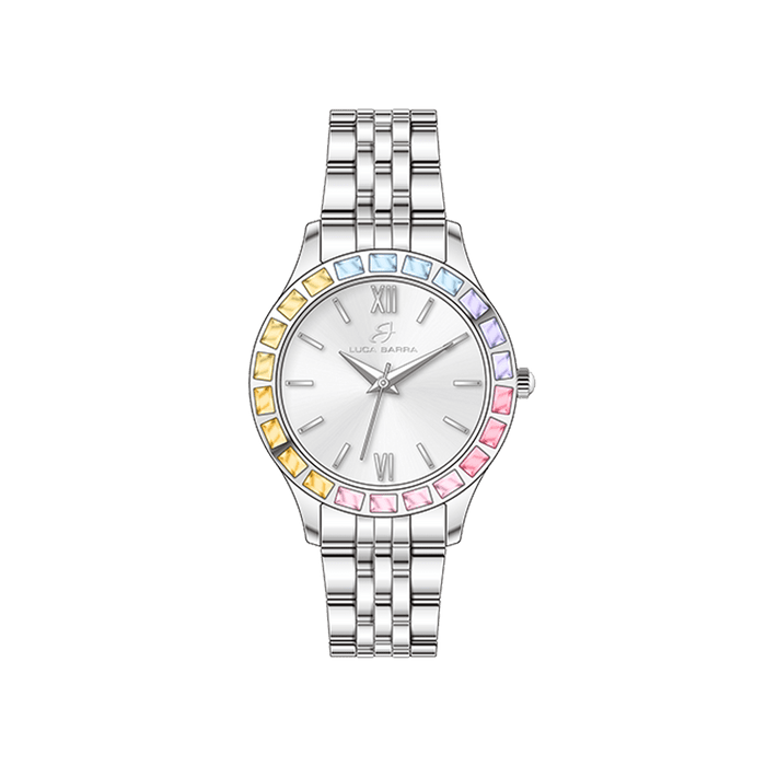 OROLOGIO DONNA IN ACCIAIO GHIERA CRISTALLI MULTICOLOR