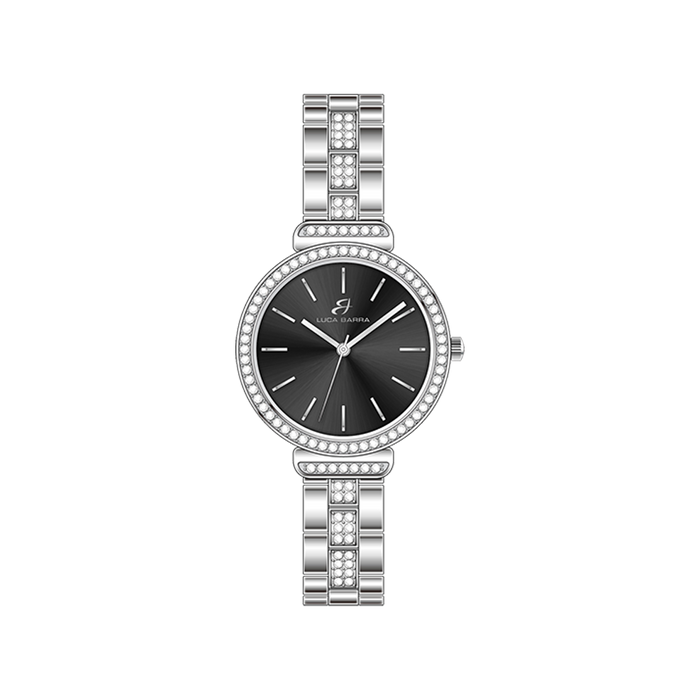 OROLOGIO DONNA IN ACCIAIO CRISTALLI GHIERA E QUADRANTE NERO