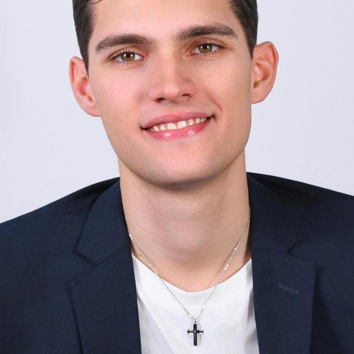 MEN'S NECKLACE IN STEEL WITH BLACK IP CROSS AND ZIRCON