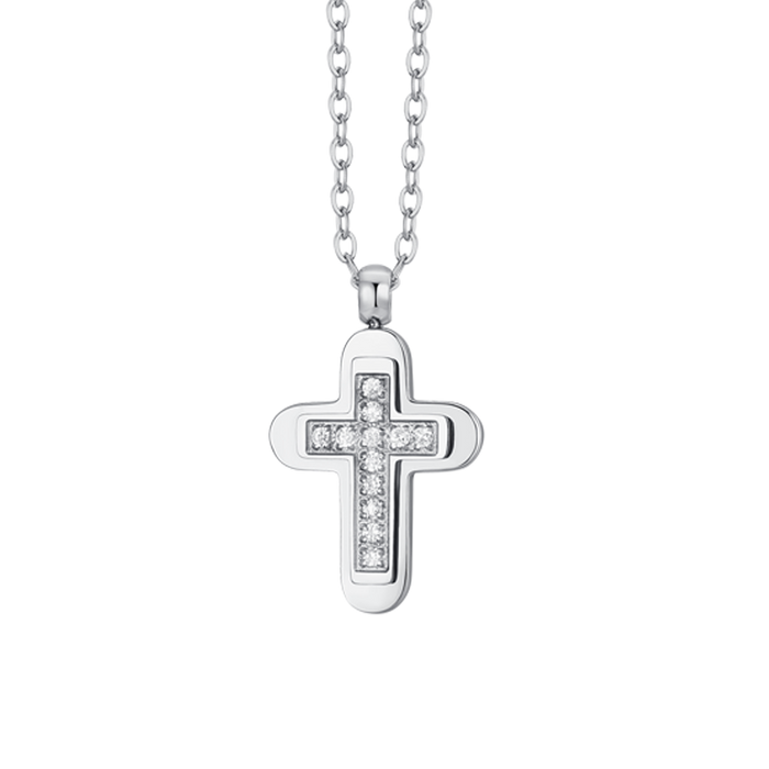 MEN'S NECKLACE IN STEEL WITH CROSS AND WHITE ZIRCONIA