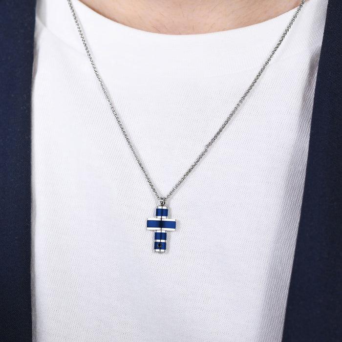 MEN'S NECKLACE IN STEEL CROSS IP BLUE