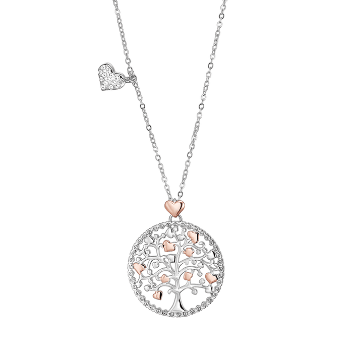COLLIER FEMME EN ACIER, ARBRE DE VIE AVEC COEURS ROSES