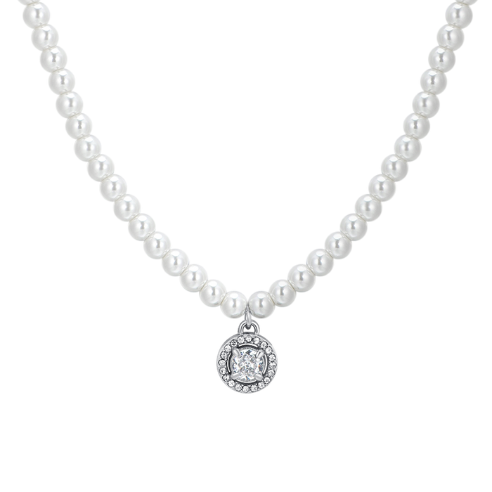WOMEN'S NECKLACE IN STEEL, PEARLS AND WHITE ZIRCON