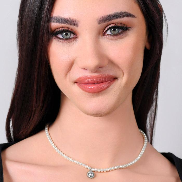WOMEN'S NECKLACE IN STEEL, PEARLS AND WHITE ZIRCON