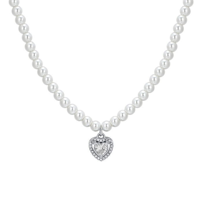 WOMEN'S NECKLACE IN STEEL WITH PEARLS AND HEART WITH WHITE ZIRCON