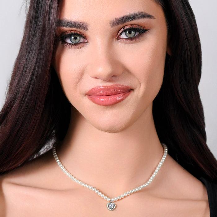 WOMEN'S NECKLACE IN STEEL WITH PEARLS AND HEART WITH WHITE ZIRCON