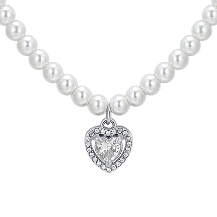 WOMEN'S NECKLACE IN STEEL WITH PEARLS AND HEART WITH WHITE ZIRCON