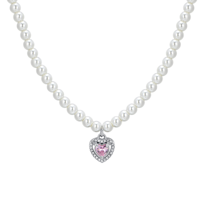 COLLANA DONNA IN ACCIAIO PERLE E CUORE ZIRCONE ROSA