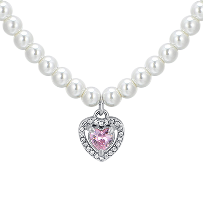 WOMEN'S NECKLACE IN STEEL WITH PEARLS AND PINK ZIRCON HEART