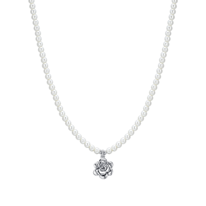 COLLIER FEMME EN PERLES D'ACIER ET ROSE D'ACIER