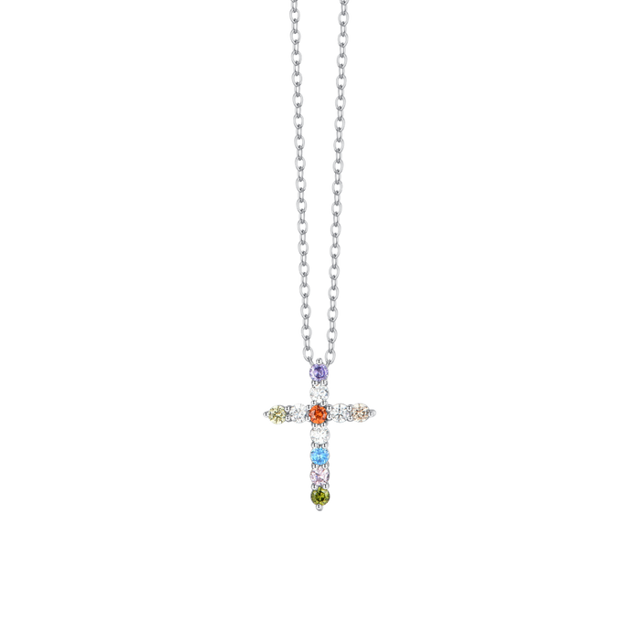 COLLANA DONNA IN ACCIAIO CROCE ZIRCONI MUTICOLOR