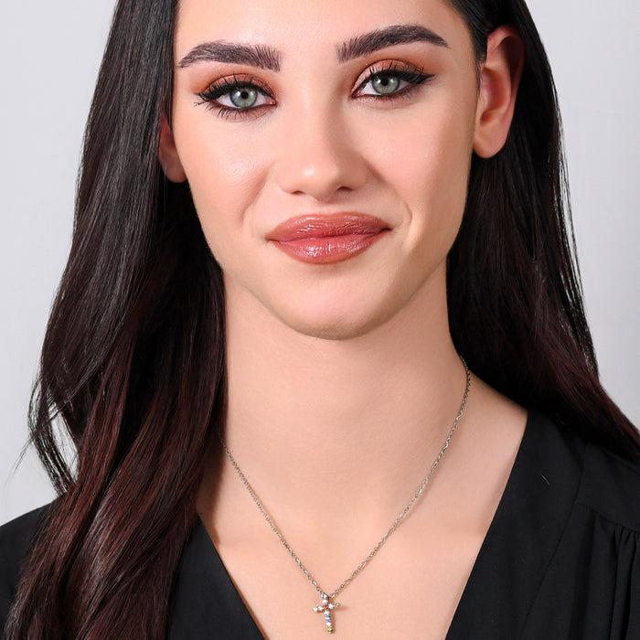 WOMEN'S NECKLACE IN STEEL WITH MULTICOLOR ZIRCON CROSS