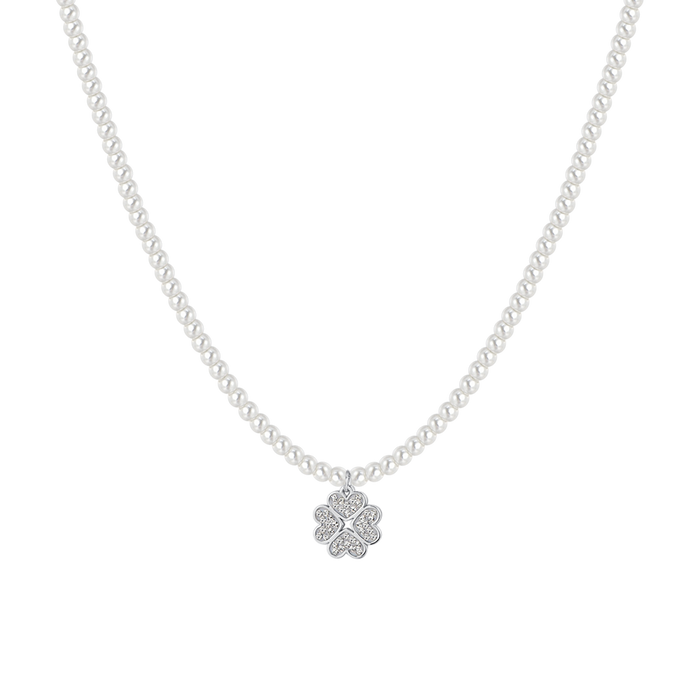COLLANA DONNA IN ACCIAIO PERLE E QUADRIFOGLIO