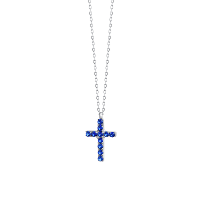 COLLANA DONNA IN ACCIAIO CON CROCE E ZIRCONI BLU
