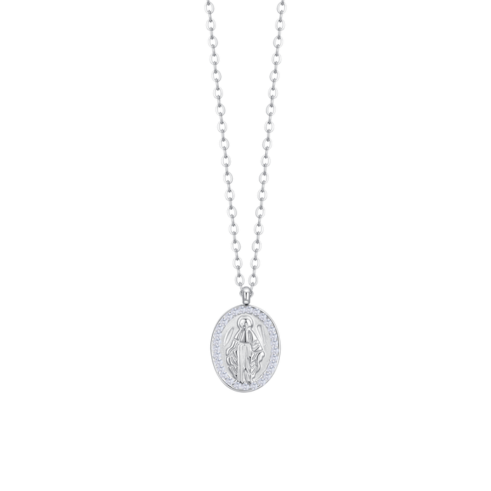 COLLANA DONNA IN ACCIAIO, MEDAGLIETTA CON MADONNINA E ZIRCONI BIANCHI
