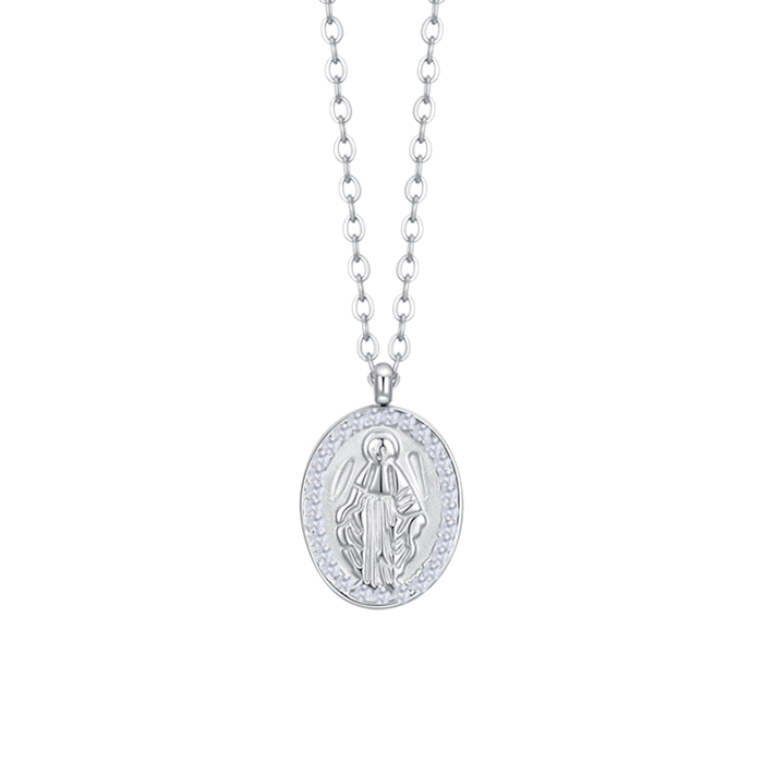 COLLANA DONNA IN ACCIAIO, MEDAGLIETTA CON MADONNINA E ZIRCONI BIANCHI
