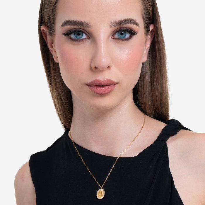COLLANA DONNA IN ACCIAIO IP GOLD,  MADONNINA MIRACOLOSA E ZIRCONI BIANCHI