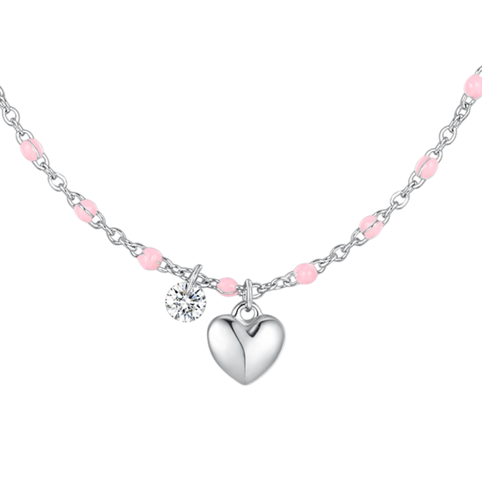 COLLANA DONNA IN ACCIAIO CON CUORE, CRISTALLO E PIETRE CON SMALTO ROSA