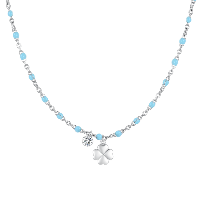 COLLANA DONNA IN ACCIAIO CON QUADRIFOGLIO,CRISTALLO E PIETRE CON SMALTO TURCHESE