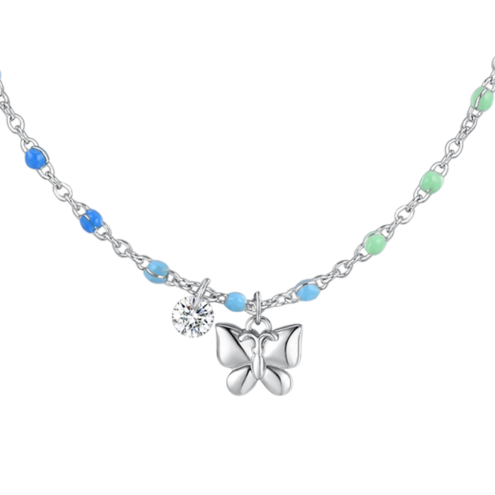 COLLANA DONNA IN ACCIAIO CON FARFALLA, CRISTALLO E PIETRE CON SMALTO MULTICOLOR