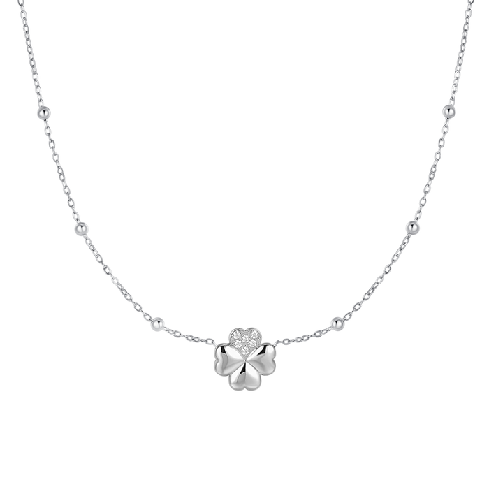 COLLANA DONNA IN ACCIAIO CON QUADRIFOGLIO E PUNTI LUCE IN ZIRCONE BIANCO