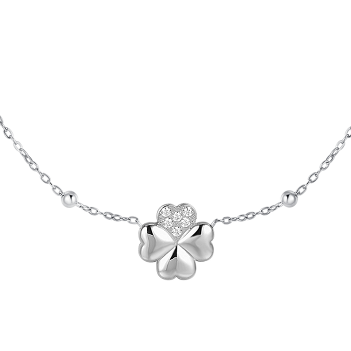 COLLANA DONNA IN ACCIAIO CON QUADRIFOGLIO E PUNTI LUCE IN ZIRCONE BIANCO