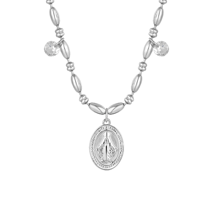 COLLANA DONNA IN ACCIAIO CON MADONNINA MIRACOLOSA E ZIRCONI BIANCHI