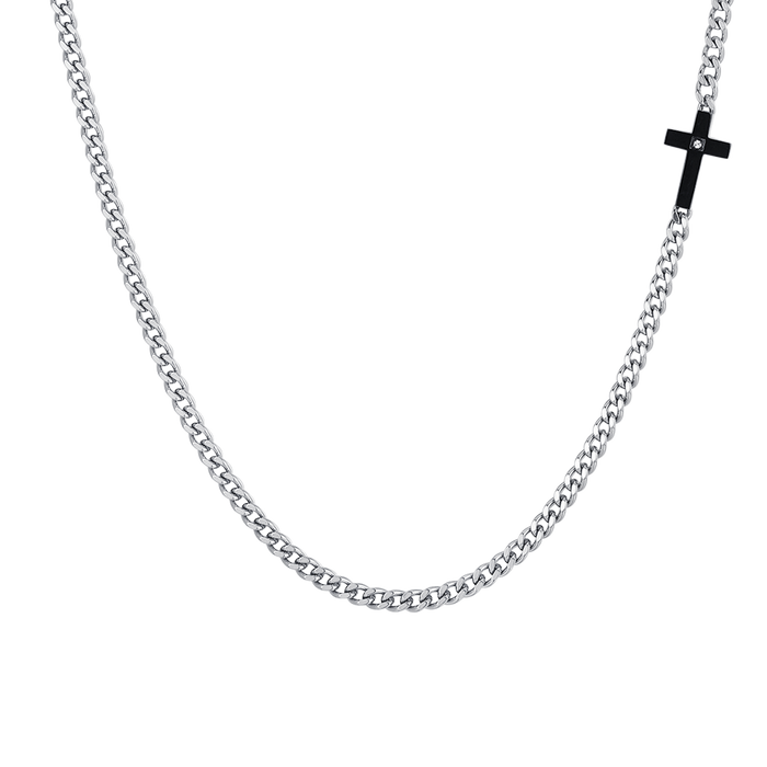 COLLIER HOMME EN ACIER, CROIX NOIRE IP ET ZIRCON BLANC