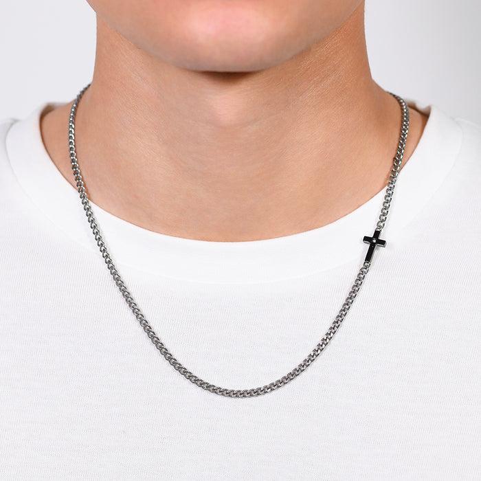 COLLIER HOMME EN ACIER, CROIX NOIRE IP ET ZIRCON BLANC