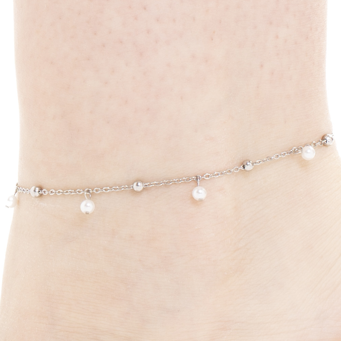 CAVIGLIERA DONNA IN ACCIAIO CON PERLE BIANCHE