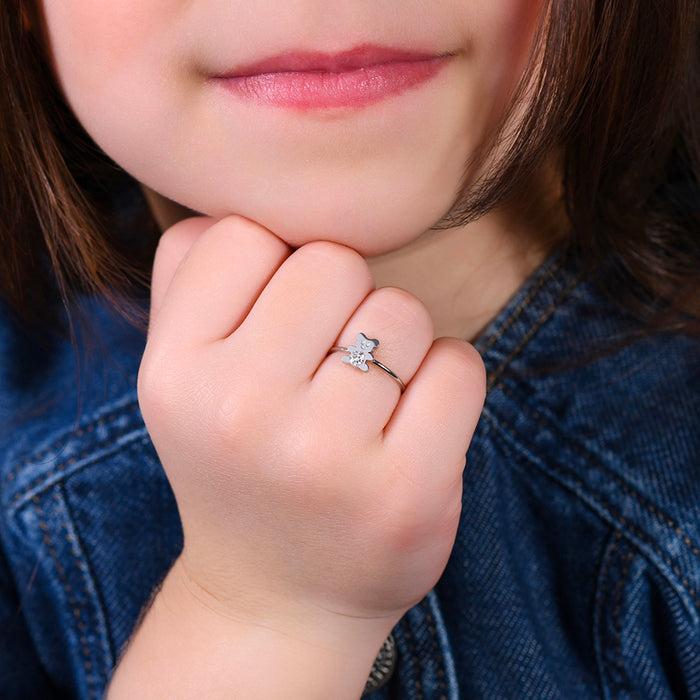 GIRL'S STEEL RING WITH TEDDY BEAR WITH WHITE CRYSTALS