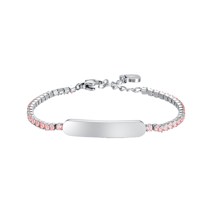 GIRL'S TENNIS BRACELET IN STEEL WITH PINK CRYSTALS AND PLATE