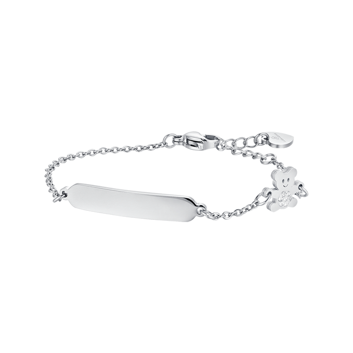 GIRL'S BRACELET IN STEEL WITH PLATE AND TEDDY BEAR WITH WHITE CRYSTALS