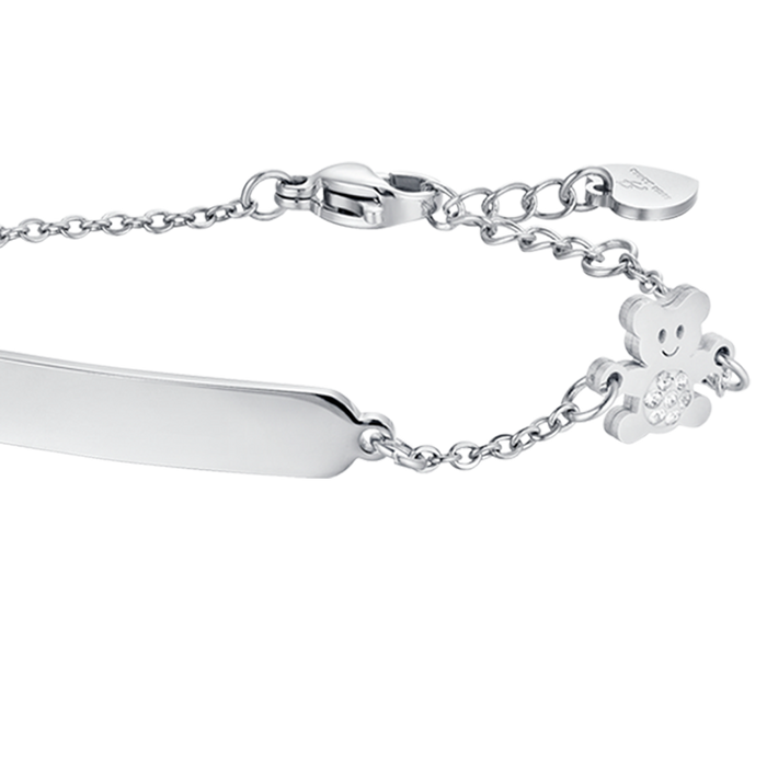 GIRL'S BRACELET IN STEEL WITH PLATE AND TEDDY BEAR WITH WHITE CRYSTALS