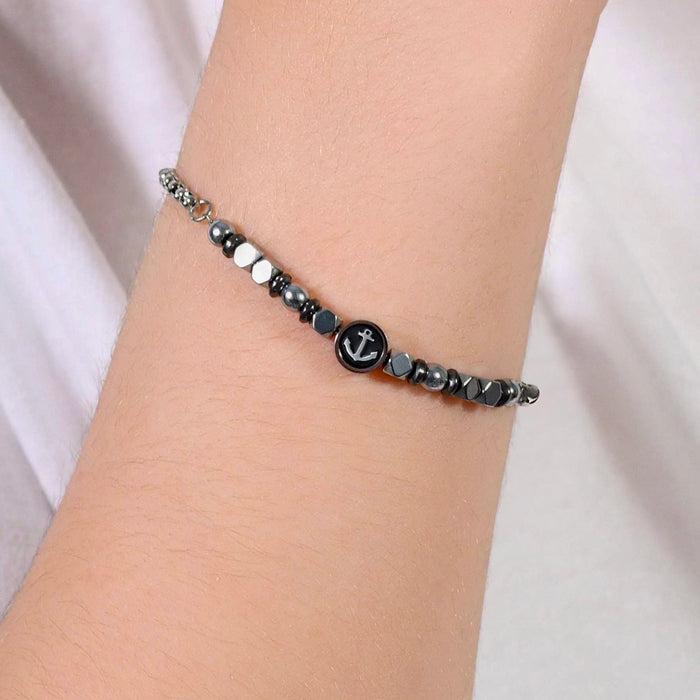 CHILDREN'S BRACELET IN STEEL WITH GREY HEMATITE AND ANCHOR