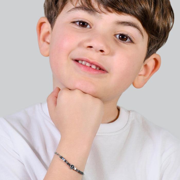 CHILDREN'S BRACELET IN STEEL WITH GREY HEMATITE AND ANCHOR