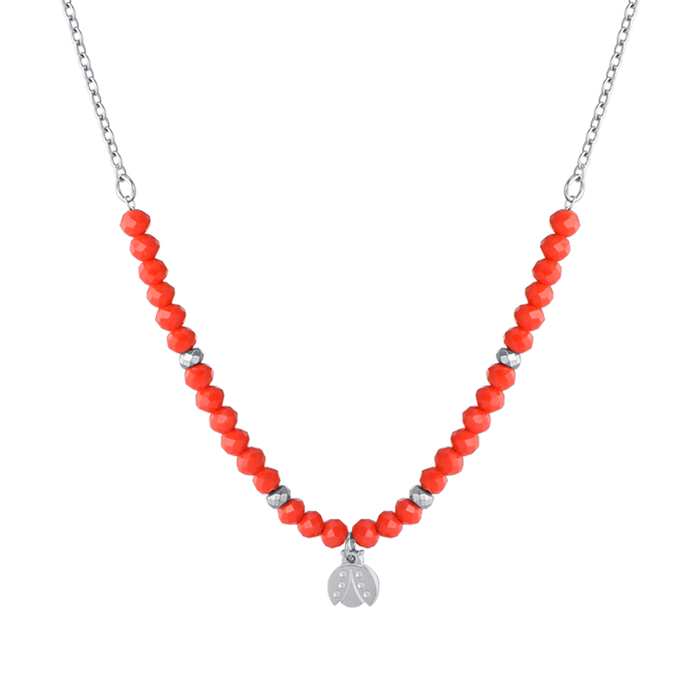 COLLIER FILLE EN ACIER AVEC PIERRES ROUGES ET COCCINELLE
