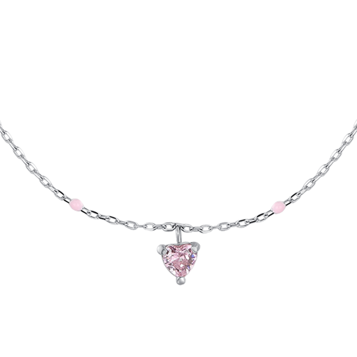 COLLANA BAMBINA IN ACCIAIO CON CUORE ZIRCONE ROSA E PIETRE ROSA