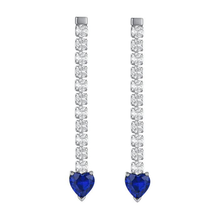 BOUCLES D'OREILLES TENNIS FEMME EN ACIER AVEC CRISTAUX BLANCS ET CŒURS EN CRISTAL BLEU