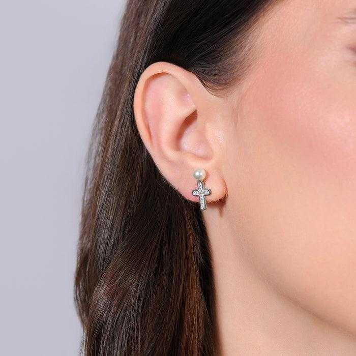 BOUCLES D'OREILLES FEMME EN ACIER AVEC PERLE ET CROIX