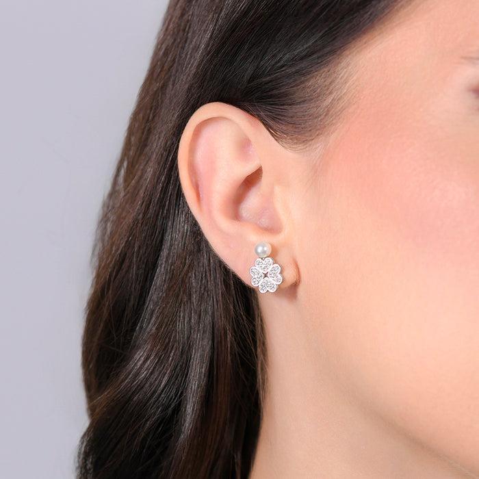 BOUCLES D'OREILLES FEMME EN ACIER AVEC PERLE ET TRÈFLE À QUATRE FEUILLES