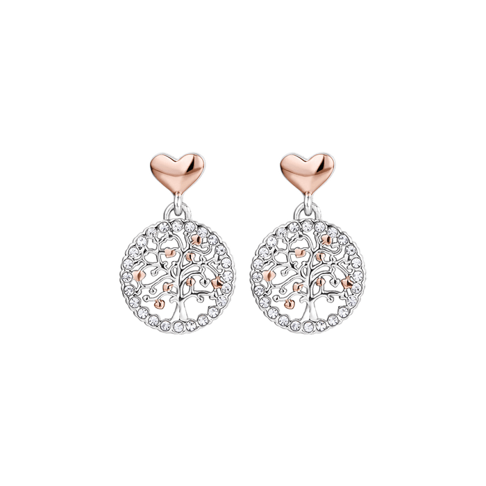 BOUCLES D'OREILLES FEMME EN ACIER ARBRE DE VIE AVEC CRISTAUX BLANCS ET COEURS IP RO